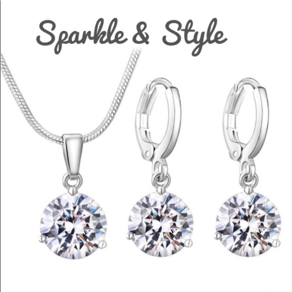 New Silver Diamond Earrings and Necklace set